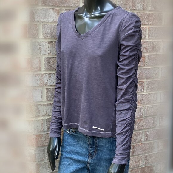 DKNY Ruched Long Sleeve Puffed Shoulders V-Neck Top SzS - Picture 3 of 11